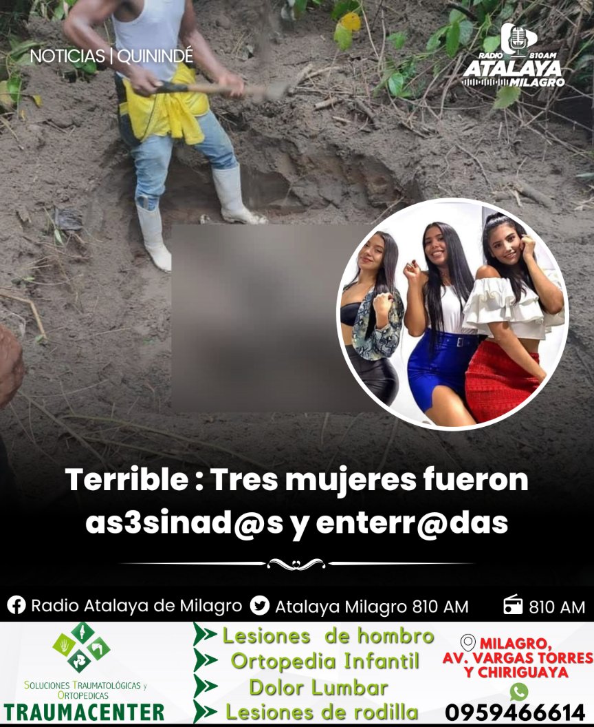 Radio_AtalayaMi's tweet photo. #Quinindé
Tres mujeres reportadas como desaparecidas en #SantoDomingo, fueron encontradas sin vida y enterradas en Quinindé -  Esmeraldas

Información preliminar indica que 2 de ellas estaban juntas y desaparecieron el martes

El hallazgo ocurrió la mañana de este #ViernesSanto. https://t.co/WGauJlDHYJ