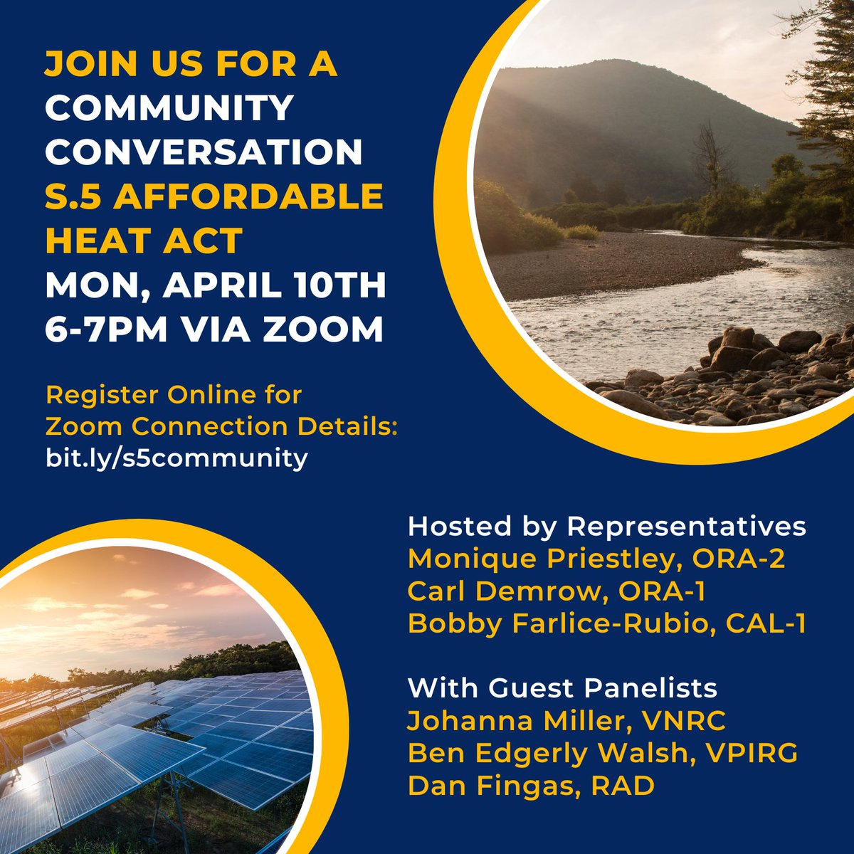 bobbylovesvt's tweet photo. Please join us for a community conversation to discuss S.5, aka the Affordable Heat Act, on Monday, April 10th 6:00-7:00pm via Zoom. Hosted by Vermont State Representatives Monique Priestley (ORA-2), Carl Demrow (ORA-1), and Bobby Farlice-Rubio (CAL-1) https://t.co/QayHXo0m23 https://t.co/iUqbCnDahw