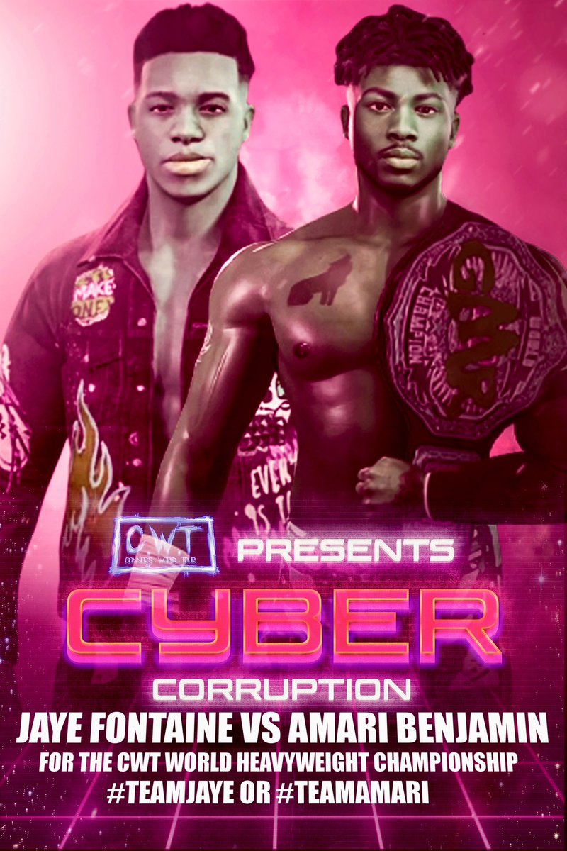 ConnorsWTour's tweet photo. CWT Cyber Corruption goes live tomorrow at 5pm CST & 6pm EST! Catch "The Super Athlete" Carter Young vs "The Machine" Krom for NGW title, and the main event featuring Jaye Fontaine vs Amari Benjamin for CWT title. Who's your picks?? https://t.co/YqfDNTid3v