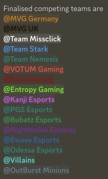 Our finalised competing teams are: <a href="/MvG2021Official/">MolotovGang</a> (UK+GER) @TeamMissclick <a href="/ewaveesports/">EWAVE ESPORTS🌊</a> <a href="/VotumGaming/">Votum Gaming</a> <a href="/EntropyGaming/">Entropy</a> <a href="/KanjiEsports/">Kanji Esports</a> <a href="/OdessaEsport/">Odessa Esport</a> <a href="/_Official_PGS/">PGS Esports</a> @_team_Nemesis <a href="/EXHAGaming/">EXHA GAMING</a> <a href="/VillainsR6/">The Villains</a> @NightWolveOrg #TeamStark #Bubatz #OutBurstMinions 
League starts next week
