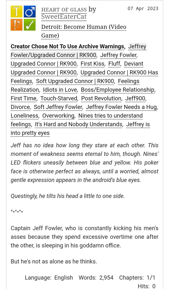 sweeteatercat's tweet photo. ʜᴇᴀʀᴛ ᴏғ ɢʟᴀss - Jeff900 Oneshot is now online 🤖💕👮🏿♂️Inspired by @koomaqu_ wonderful picture (Jeff900)
https://t.co/6w7LVJOESI
#dbh #jeff900 #fanfiction https://t.co/YEWTDkVluQ