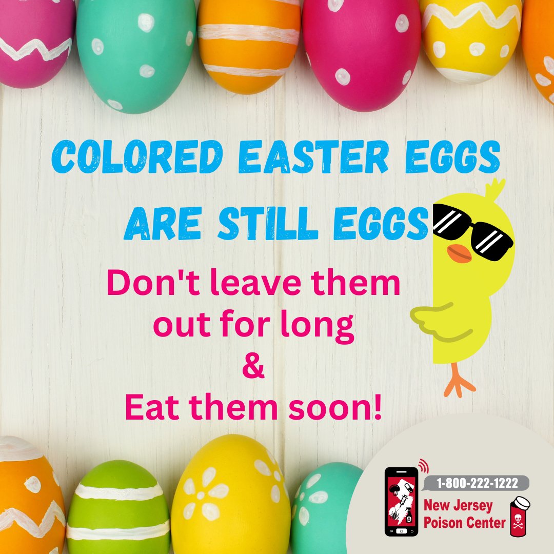 NJPoisonCenter's tweet photo. If you're planning an #Easte egg hunt, we recommend hiding plastic eggs instead of real eggs - even if the eggs are cooked (hard-boiled).
Eggs that are not handled, cooked, or stored safely can make you very sick (food poisoning).
๐ฑ800-222-1222
#EasterWeekend #NJPoisonControl https://t.co/2bxjtp2oRh