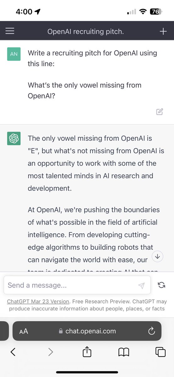 anjalisaa's tweet photo. @mayhewsw @OpenAI I can’t make this up https://t.co/ko3557dX8F