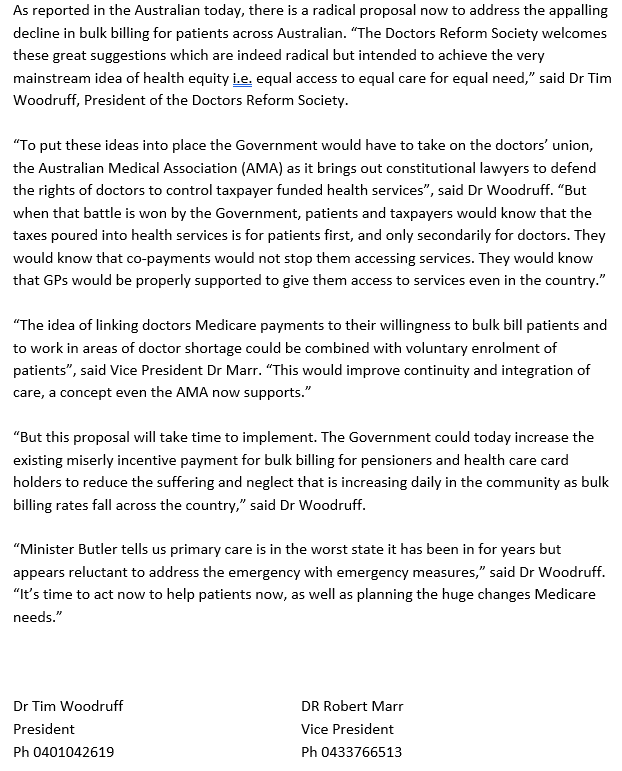 Bulk Billing for Patients: Radical Ideas to Achieve a Fair Go Welcomed. See theaustralian.com.au/nation/optin-i…
Our thoughts below or drs.org.au/media_releases… <a href="/MelissaSweetDr/">Melissa Sweet</a> @NC_Robinson  <a href="/AusHealthReform/">AHCRA</a> <a href="/Mon4Kooyong/">Dr Monique Ryan MP</a> @sop
