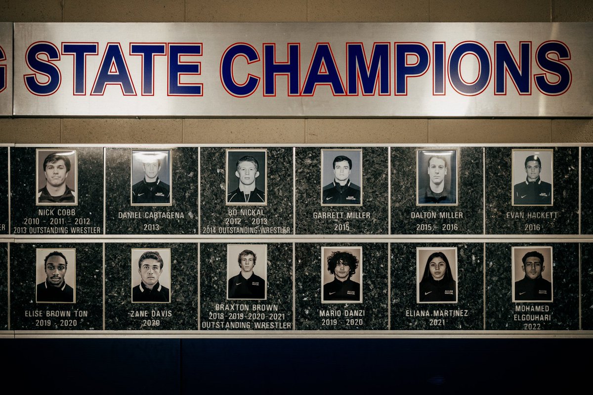 JacobAOlson1's tweet photo. One goal of mine while shooting these rooms is to flex the strength of the wrestling community.

At 5 AM I realized I'd be passing through Allen, TX, home of @NoBickal, and by 11 AM I was shooting these images of the 14-time team state champs' amazing room.

Mission accomplished! https://t.co/W4KGp1P7IP