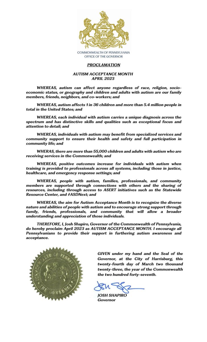 StepByStepUSA's tweet photo. April is Autism Acceptance Month!

Thank you, Governor Josh Shapiro for recognizing the abilities of people with autism and sharing in the community's joy!

#CelebrateDifferences https://t.co/dxqzxbPNSz