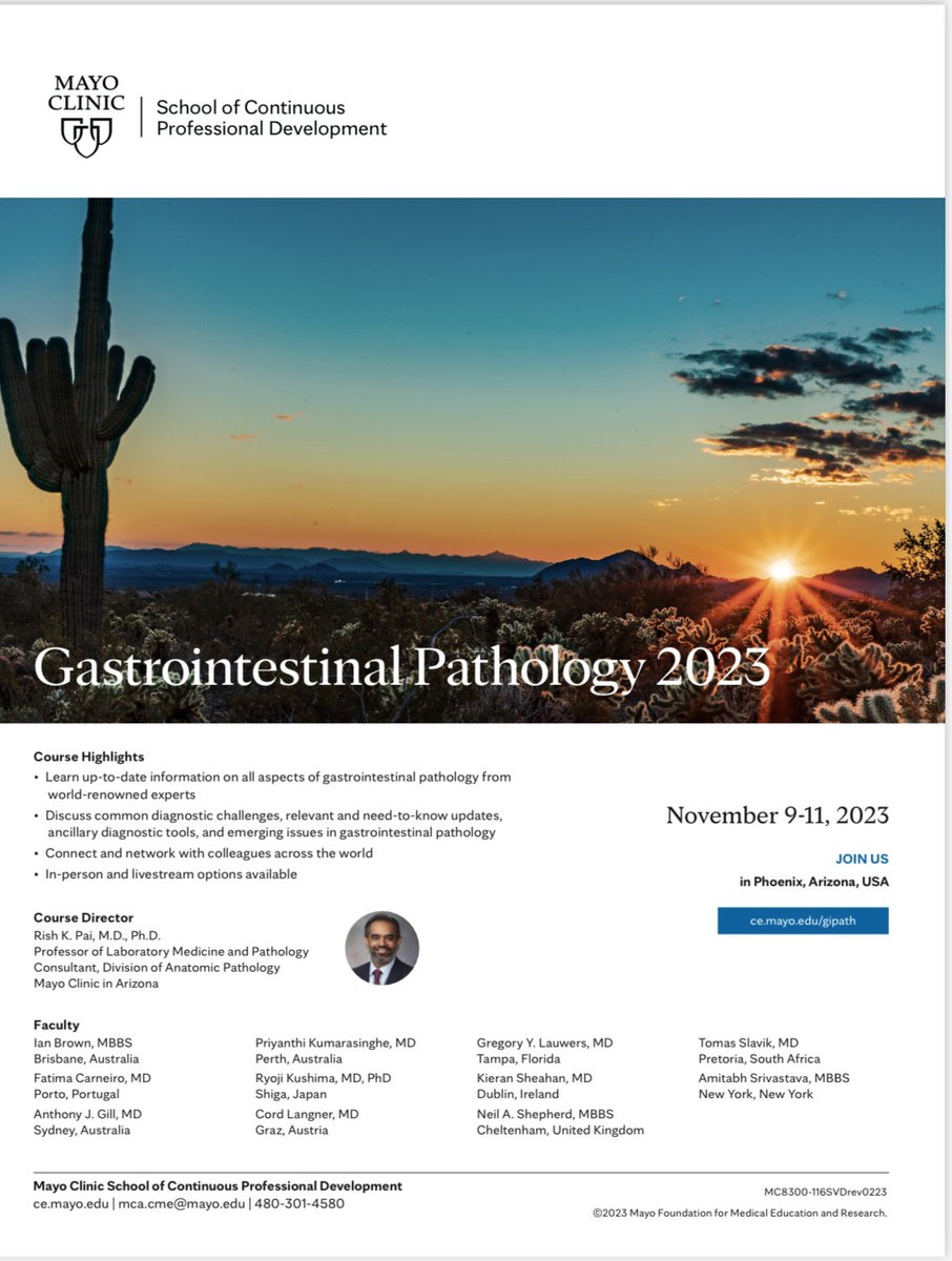 My awesome colleague Dr. Rish Pai is hosting a GI Pathology course on our beautiful Mayo Clinic AZ Campus - November ‘23 in Phoenix, AZ🌵🏜️ w/ a bevy of world experts… Secure your seat ASAP!! Register Today!! ce.mayo.edu/laboratory-med…

#PathTwitter #pathology #education #CME