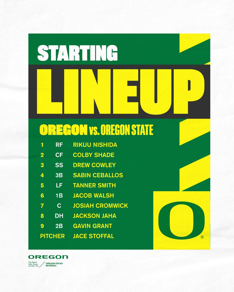 𝐓𝐨𝐧𝐢𝐠𝐡𝐭'𝐬 𝐒𝐭𝐚𝐫𝐭𝐞𝐫𝐬

Freshman and Oregon native <a href="/JacksonJaha22/">Jackson Jaha</a> getting the start at DH in game one of his first Oregon-OSU game.

Watch 👉 pac12.me/BSB-OSU-ORE-1
Listen 👉 bit.ly/3ZeEsBZ
Stats 👉 bit.ly/3lJtki1

#GoDucks | #SeeYouAtPK