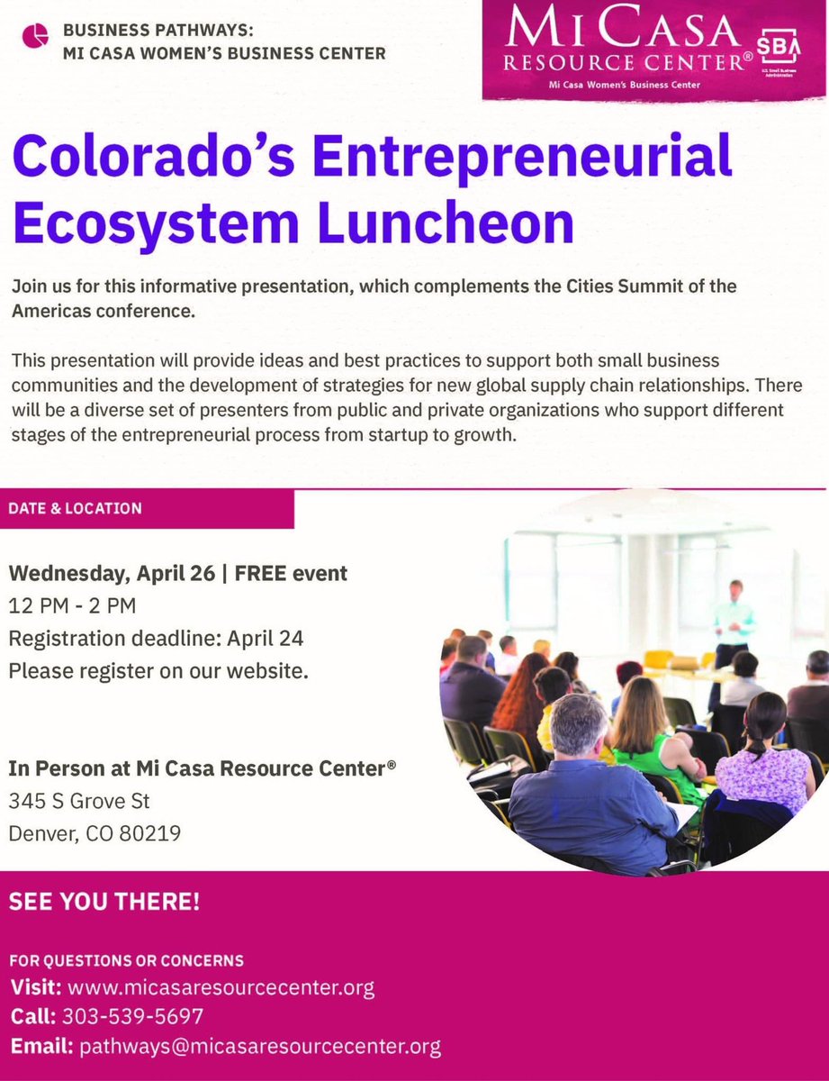 Want to learn about how #Colorado supports #entrepreneurs? Hear from many of the #smallbusiness organizations representing local, state, and national resources! @SBArockymtn & @SBA_Colorado partnering w @MiCasaColorado 4 this free event on 4/26. Register: tfaforms.com/5018613?tfa_70…