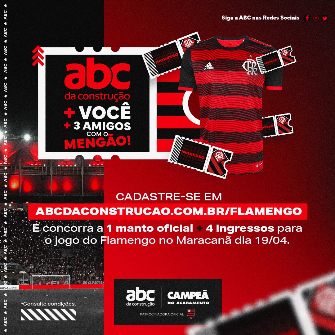 Flamengo on X: VOCÊ + 3 AMIGOS EM MAIS UM JOGÃO NO MARACÃ? 🔴⚫️ Se liga,  com a ABC da Construção você pode ganhar uma camisa oficial + 4 ingressos  para acompanhar