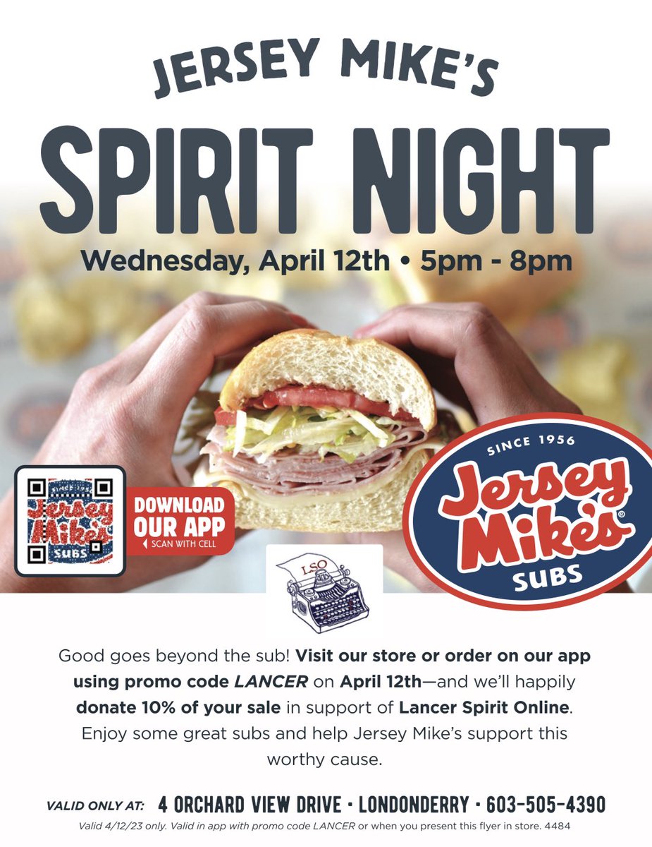 MARK YOUR CALENDARS!!! 🚨🚨

Stop by Jersey Mikes next Wednesday, 4/12 from 5-8PM to help benefit The Lancer Spirit and Mr. LHS!!!