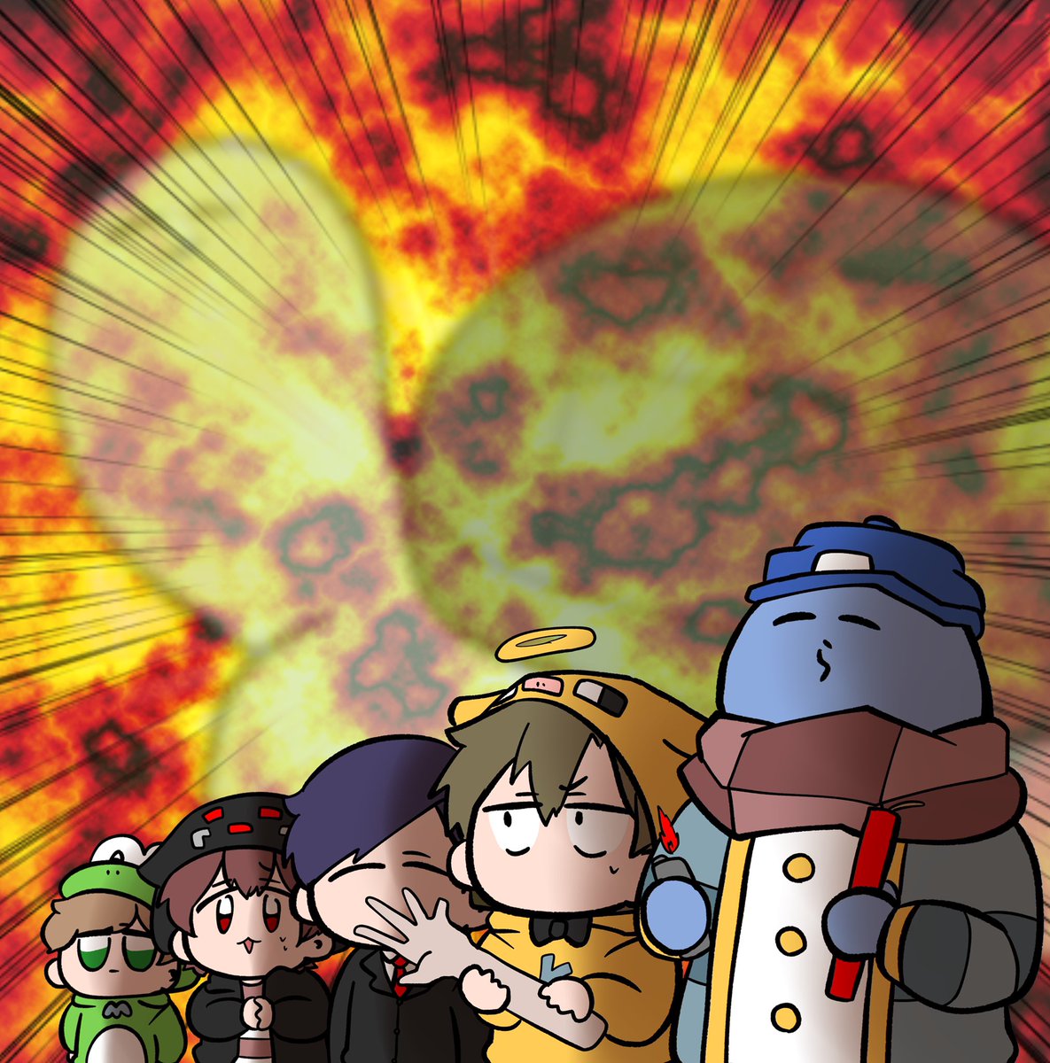 multiple boys halo brown hair explosion green eyes hat scarf  illustration images