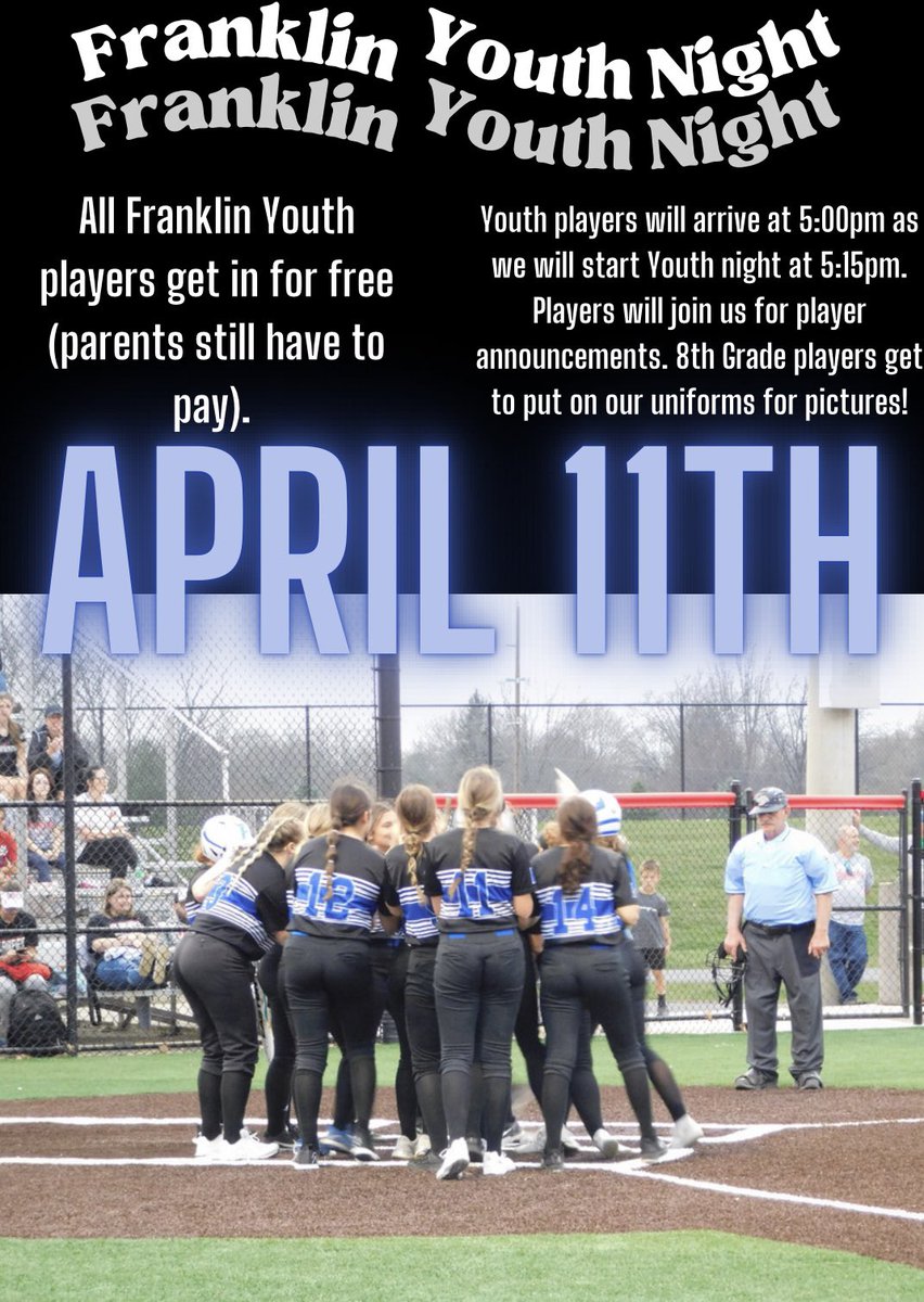 Join us Tuesday, April 11th for our Youth Night! All K-8 Franklin Softball Players get in for FREE!!!! Players will join us for player announcements and run out with our varsity players to their positions! #TFW <a href="/GoGrizzlyCubs/">Franklin Athletics</a>
