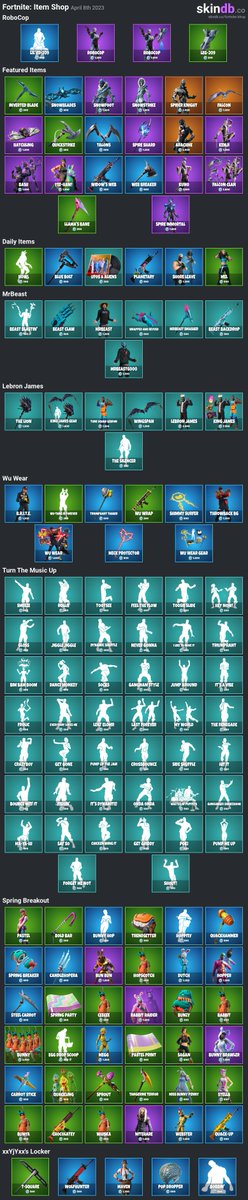 #Fortnite: Daily Item Shop for April 8th 2023
More details for each skin: skindb.co/fortnite/shop