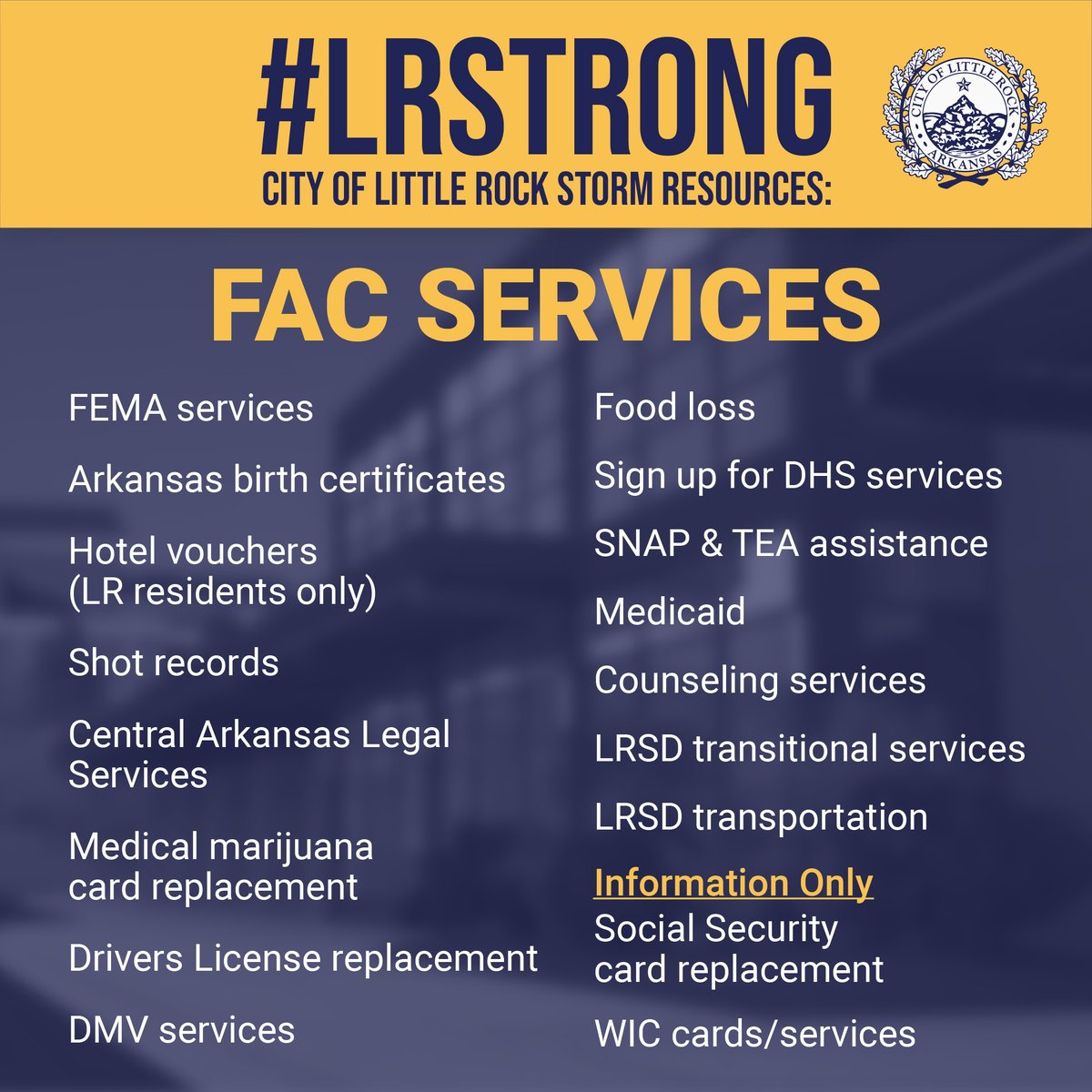 CityLittleRock's tweet photo. Reminder that starting tomorrow, April 8, the Family Assistance Center (FAC) will have new hours.
Sign up to #volunteer - https://t.co/KnXujPZgzO
Make a monetary #donation through #LRcares - https://t.co/a1ONVnHyIT
We are #LRstrong #LRTornadoRelief https://t.co/tSCawp2Dfy