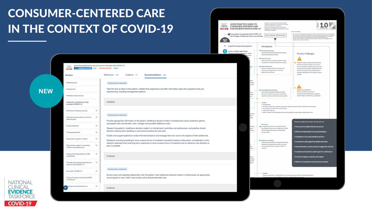evidence_aus's tweet photo. NEW: The Taskforce have published a suit of 10 good practice statements to support the delivery of patient-centred care for people with COVID-19.
These statements are supported by our new #ClinicalFlowchart.
View: https://t.co/gvAaJK74Mz
@RACGP @comms_ahpa @CHFofAustralia https://t.co/wXAA0CUNQN