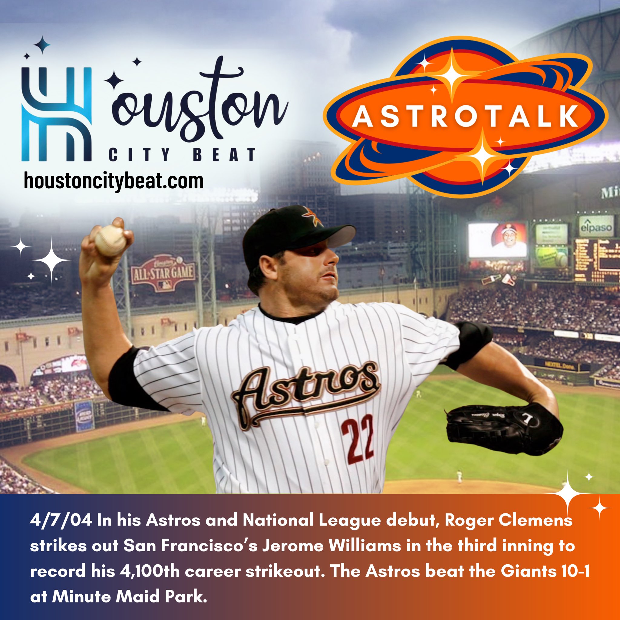 Mike Acosta on X: 4/7/04 In his Astros and National League debut, Roger  Clemens strikes out San Francisco's Jerome Williams in the third inning to  record his 4,100th career strikeout. The Astros