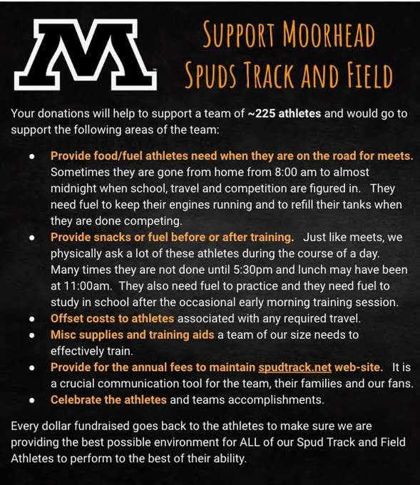 SpudTrack's tweet photo. Please support the Moorhead Spud Boys and Girls Track and Field Programs Click to Make a Donation:  https://t.co/PugY31pPis…When prompted enter "Track" for the program and the name of the athlete you are donating because of or just put your own/any name. Read below for details: https://t.co/JnNypGyex1