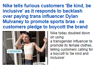 ActualWoman87's tweet photo. "Be kind?" "BE KIND?!" Eff off, #Nike! Is it kind to refuse to use a real woman to rep a sports bra? Is it kind to give money to a MAN who is wearing #WomanFace? Is it kind to refuse women opportunities? Because that is what you are doing! #nikehateswomen #TransWomenAreConMen https://t.co/DdvD2oOtmr