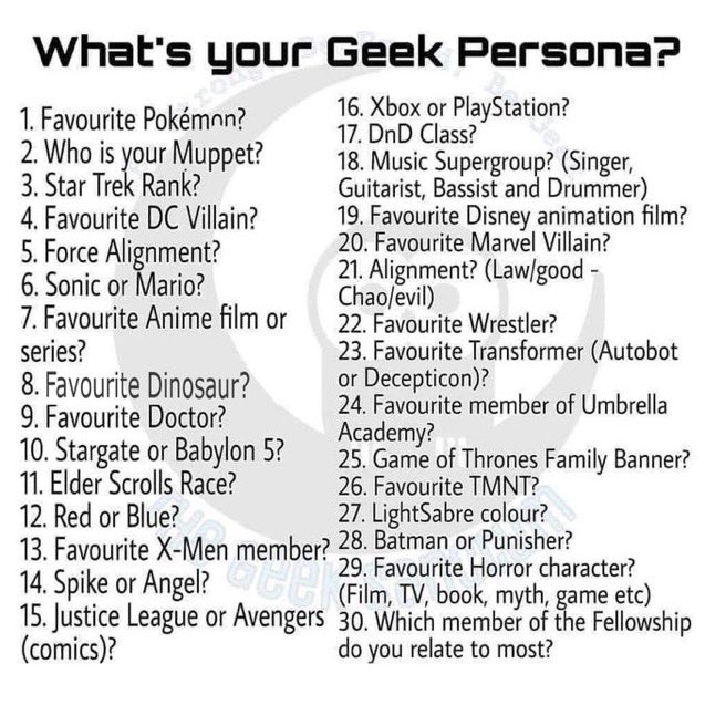 Morga_Knight's tweet photo. Borrowed from @RobertKendzie 
1. I am not that emotionally invested and can't name more than 5.
2. Kermit.
3. There are RANKS?
4. Now that depends entirely on if we're talking comics, live action, or one of the many animated versions....
5. Rebel alliance. https://t.co/xVIw1Im2Im