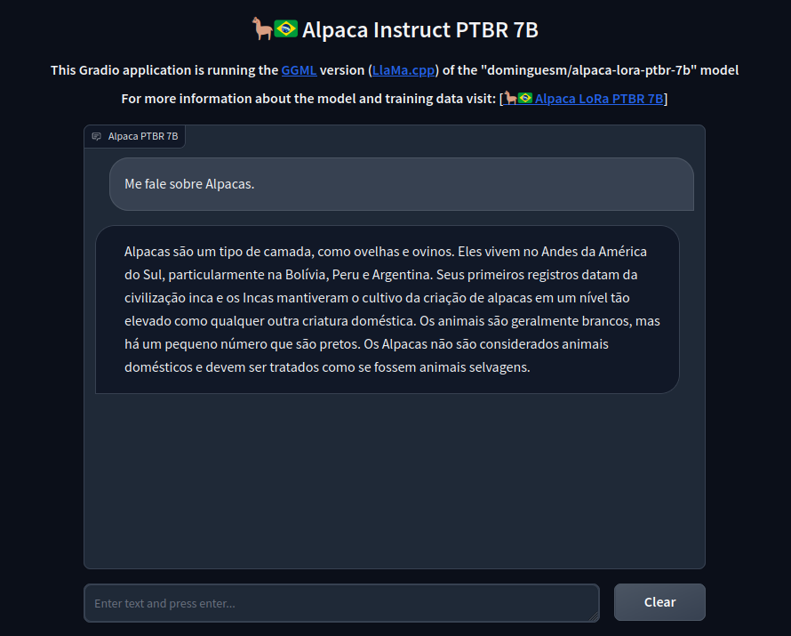 dominguesfm's tweet photo. The HF Space for the Alpaca Instruct PTBR model has just been launched. A model based on the LlaMa 7B suitable for Portuguese language instruction. A new model tweaked in over 300k of PTBR instructions will be released soon. 

The space can be accessed at: https://t.co/ROk0jFhwyP https://t.co/eo9KWcIirl