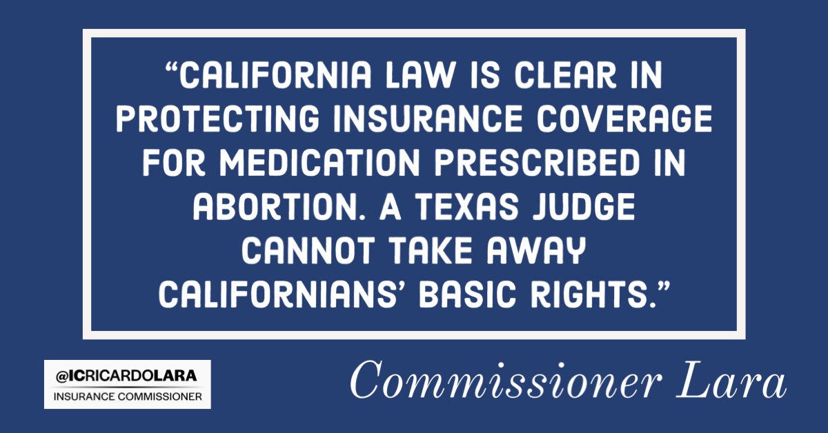 CDInews's tweet photo. With a Texas judge attempting to revoke approval of a medication commonly used in abortion care, @ICRicardoLara shared information about how California law protects insurance coverage. Learn more https://t.co/t5L7x29ILv https://t.co/JHyZiBfysF