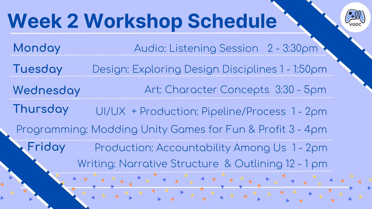 vgdcuci's tweet photo. Welcome to Week 2 everyone! Come join us at DBH 1412 in person to learn more about your disciplines!
Plus, we have our Pitch Night Presentations general meeting next week at DBH 1100 from 5 to 6pm!
For more information, check out department channels!
#vgdc #vgdcatuci #vgdcuci https://t.co/FTUQODveO2