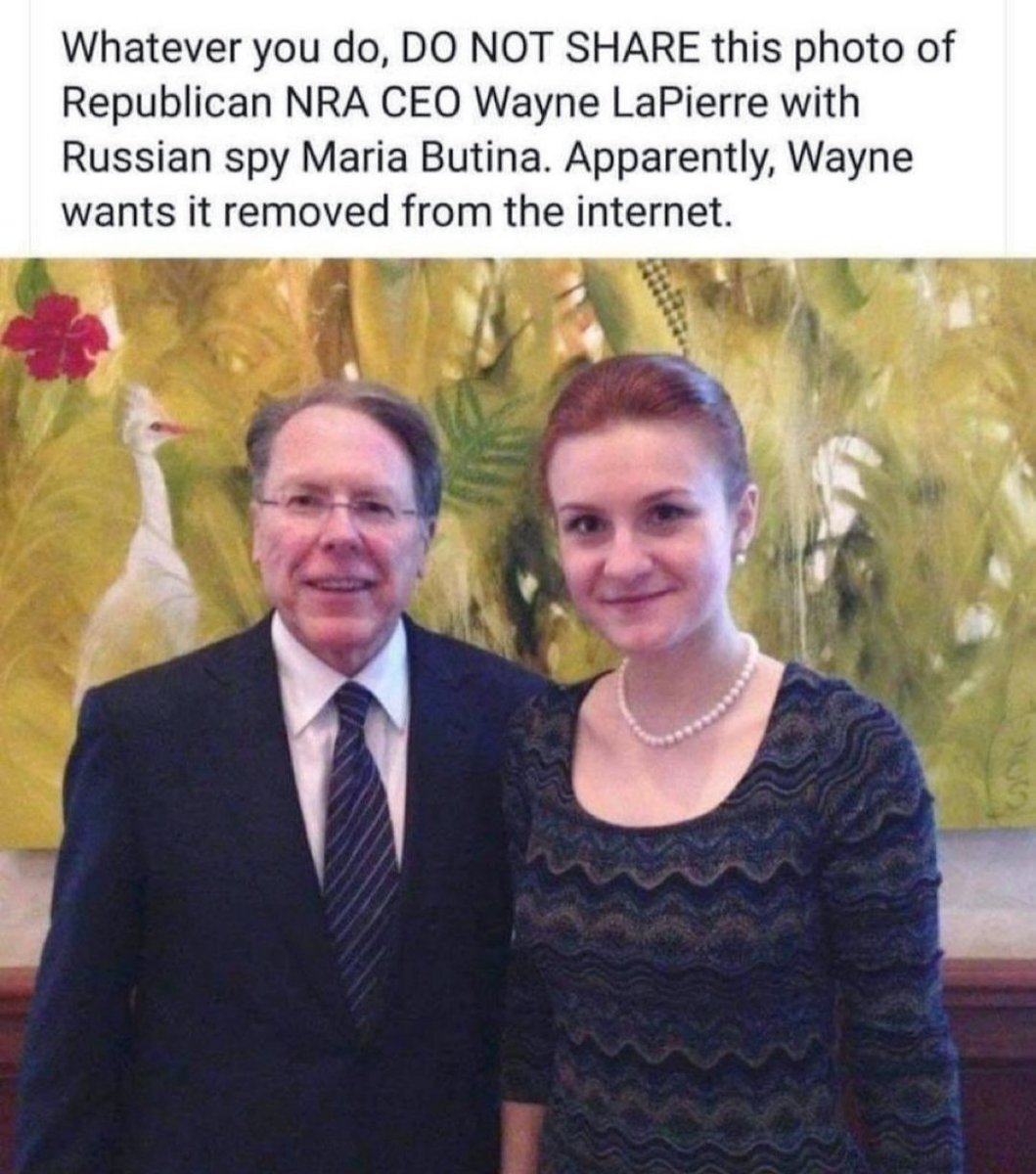 This man, #WayneLaPierre @WayneLaPierreJr, (suspended account), leader of the corrupt
@NRA, belongs in the #HallOfInfamy along with #Murdoch #trump #theMercers #Thiel #Koch & other radical, right-wing ghouls/billionaires. Here he is with the Russian spy, #MariaButina.