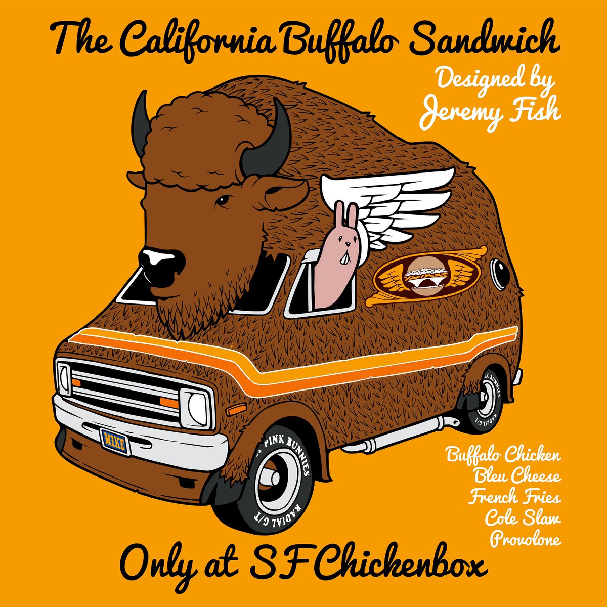 NEW SANDWICH ALERT! 
“The California Buffalo” is a collaboration with our friend @JeremyFish! Spicy Buffalo Chicken, Bleu Cheese Dressing, French Fries, Coleslaw & Provolone on a Soft Bun! Available ONLY at our shop, 464 Broadway in North Beach! Come try one today!