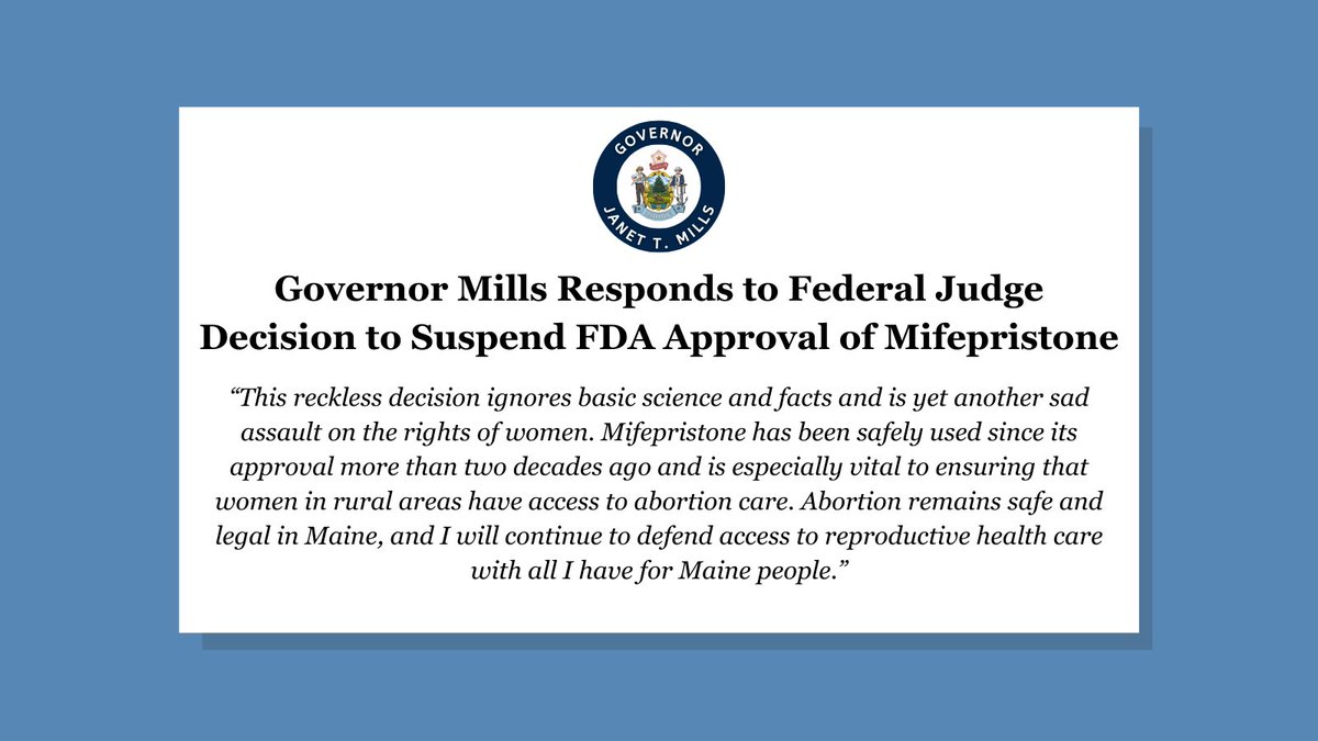 My statement in response to the ruling tonight in the United States District Court for the Northern District of Texas that would block FDA approval of mifepristone, a safe and effective drug used in medication abortion since its approval more than 20 years ago: