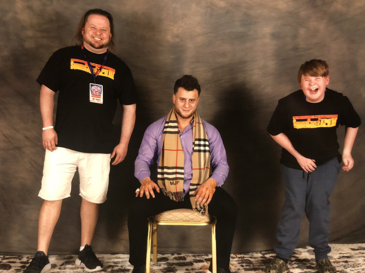Titanup1983's tweet photo. My son got nut shot by @The_MJF today. Best picture ever. Thanks champ https://t.co/5sAyFmtyCG