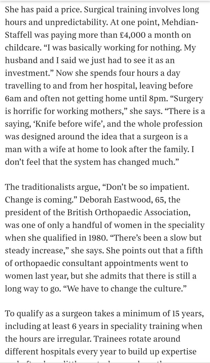 Stunning- Please read/buy <a href="/thetimes/">The Times and The Sunday Times</a>.
#NHS has too many women surgeons leave/burnout
Let's change: individual staff/patients' behaviour + "training" structures.
"The majority of surgeons have no idea what it is like for their female colleagues"
thetimes.co.uk/article/sexism… <a href="/RoshanaMN/">Roshana 🦴</a>