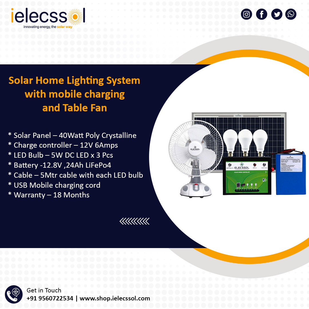 ielecssol's tweet image. Online- shop.ielecssol.com
Solar Home Lighting System
Specification Overview:-
* LED Bulb 7W- 5 Nos
* Solar Panel - 200W
* MPPT Charge Controller
* Battery - Li-FePO4 12.8V, 80Ah
* Table Fan
Contact: 9560722534
#solarsystem #solarhomelightingsystem #Homelightingsystem