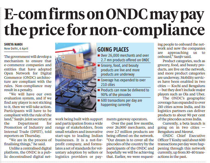 MAPATWARDHAN's tweet photo. E-com firms on ONDC may pay the price for non-compliance
#India #ecommerce #Open #network #digital #payment #DPIIT #Grocery #Food #Beauty #products #shopping #purchase #coverage #expansion #transction #ONDC #markets @shreyanandi15 https://t.co/ovU0cHQF7T