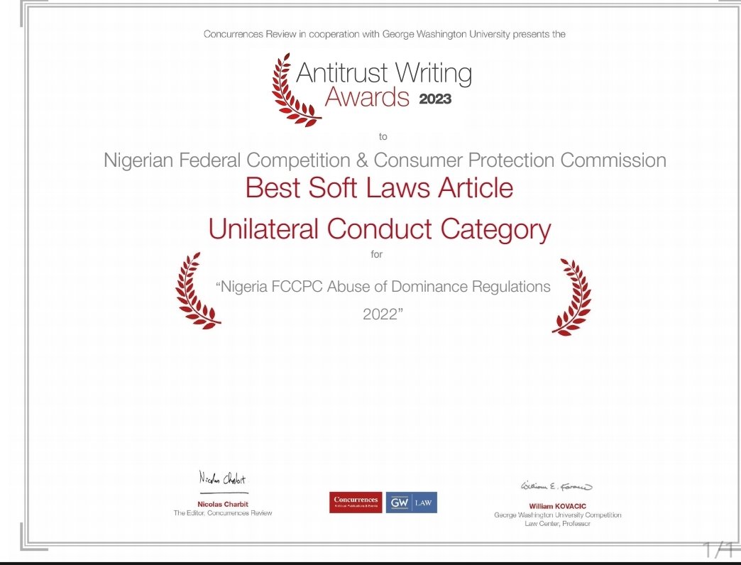 fccpcnigeria's tweet image. Winner, 2023 Antitrust Writing Awards: Soft Law Articles, Unilateral Conduct
@NigeriaGov