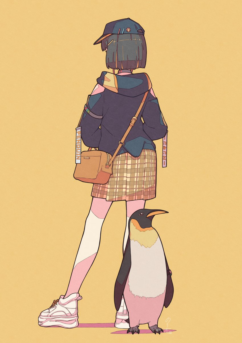 1girl bird skirt hood bag plaid penguin  illustration images