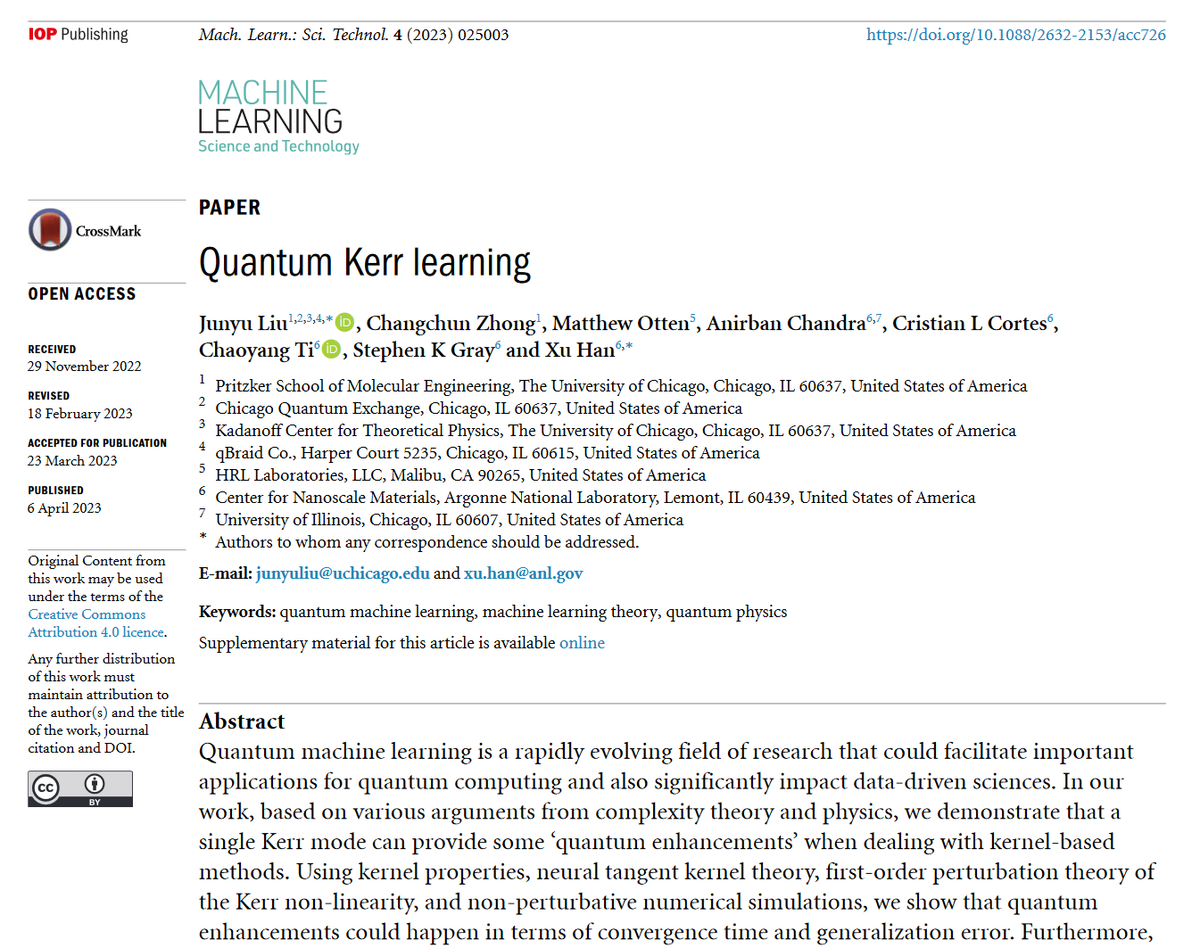 Great new work by @junyuliu4 @ChangchunZhong et al @UChicagoPME @UChicago @ChicagoQuantum @qbraid_official @HRLLaboratories @argonne - 'Quantum Kerr learning' - bit.ly/3ZRYWA7 #machinelearning #quantumcomputing #quantum #AI #QML #QED #complexity