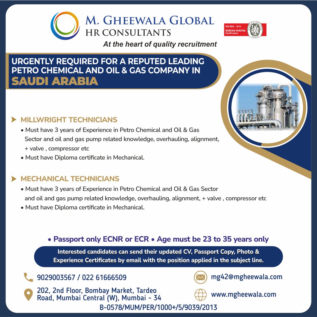 mgheewala_hrc's tweet image. Job Vacancies for #Saudiarabia

Interested Candidates can send the updated resume to mg42@mgheewala.com

Job Opportunities on Telegram - t.me/+kZCn9f8DSC9hN…
Learn More mgheewala.com

#technician #millwright #mechanical #valve #compressor #alignment #pump #oil #gas