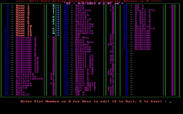 EvilSoftGames's tweet image. Little project I've been working on. An #Ultima Underworld 2 Character Editor. 👑⚔️

Programmed in #OpenWatcom for #DOS.

#UltimaUnderworld
@ultimadragons @RichardGarriott @dan_schmidt @Warren_Spector @Lawnie10 @retrodeathexe @dos_retro_gamer @Dosgamert @DOSSTORM @DOSBros_Vamonos