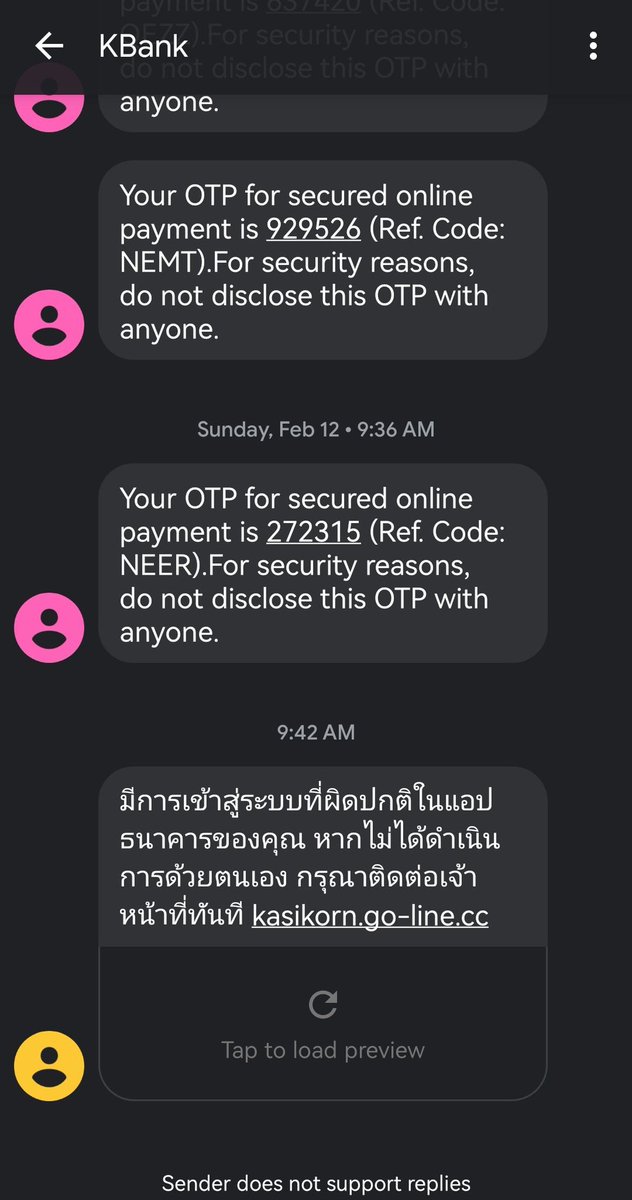 zpookz's tweet photo. โหววว อันนี้น่ากลัวมาก คือ มิจปลอมชื่อให้คล้ายธนาคารส่ง SMS  มาแล้วแอนดรอยด์จะเอามารวมกับของจริงเลย (ขออนุญาตแคปนะคะ เพิ่งรู้ว่าทำแบบนี้ได้ด้วย) 😱 แต่ตอนนี้ธนาคารจะไม่ส่ง SMS แนบลิงค์แล้ว https://t.co/7OKOAPUFQk