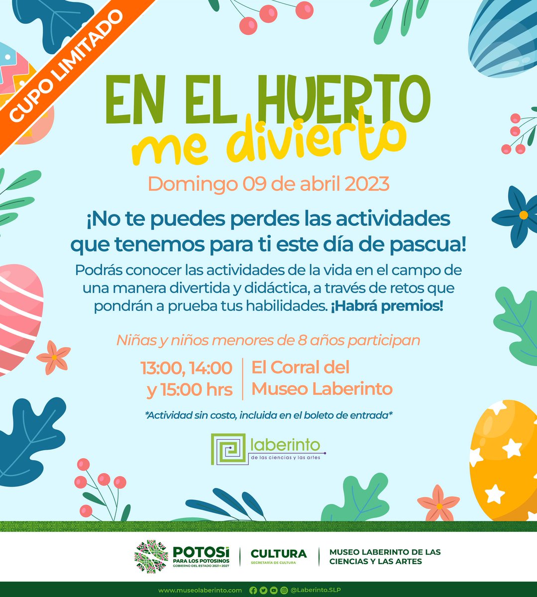 seculturaslp's tweet photo. 🐰 Eɴ ᴇʟ ʜᴜᴇʀᴛᴏ ᴍᴇ ᴅɪᴠɪᴇʀᴛᴏ 🐰
Mañana no te pierdas está increíble actividad en el @museolaberinto
¡Actividad sin costo, incluida con tu boleto de entrada al museo! ✨👀
#SemanaSanta #Pascuas2023 #Vacaciones2023 #MuseoLaberinto #CulturaSLP 😊 #YaSeNota #SanLuisPotosí https://t.co/xriU9ItD5N