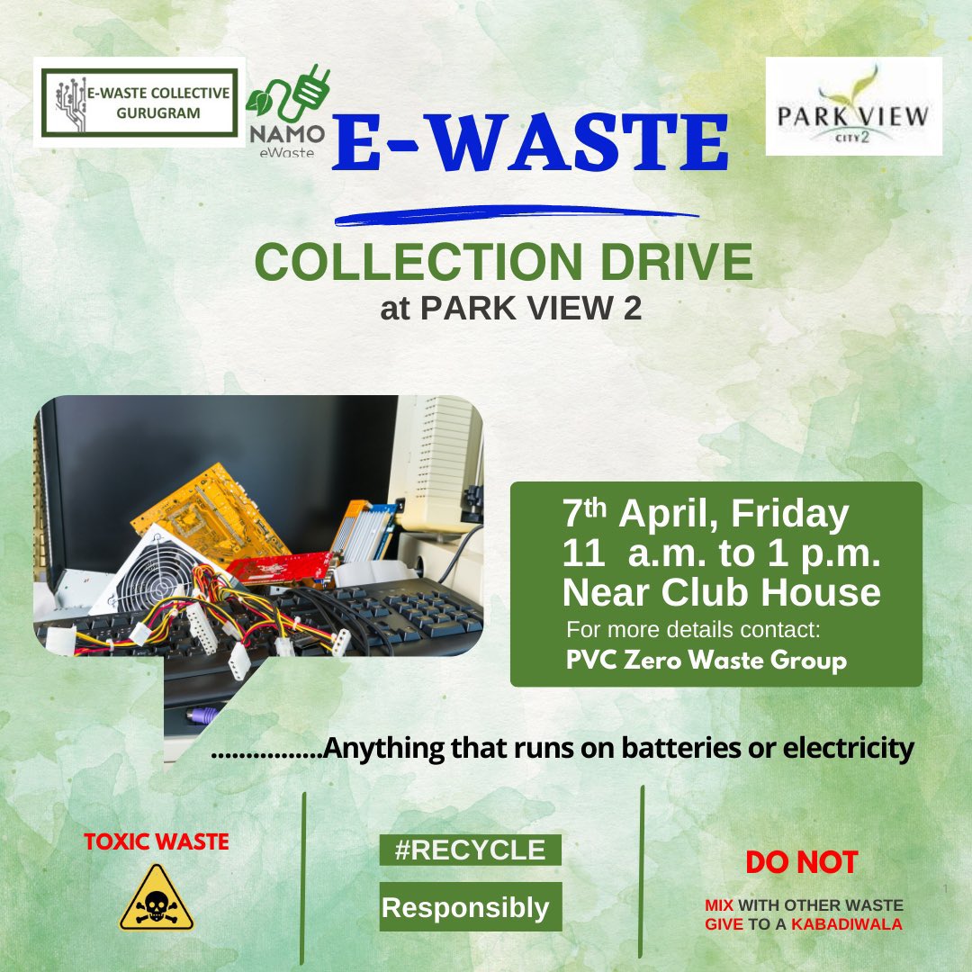 Ewaste Collective Gurugram &amp; <a href="/namoewm/">Namo eWaste</a> do 1 more collection drive at Park view city 2 in their campaign on ewaste #Recycleresponsibily started on world recycling day. 200 kgs of ewaste diverted 2 get Rspbly ♻️<a href="/AnjuSingla_/">Anju Singla</a> <a href="/NehaM_12/">Neha Maheshwari</a> #OneHealth <a href="/MunCorpGurugram/">MCG</a>