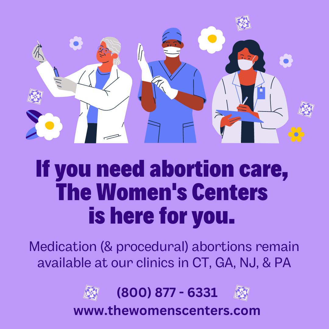 To those looking to us for care, trust you can STILL get a medication abortion (and procedural abortion) with The Women’s Centers in CT, GA, NJ, and PA.  

Call 800-877-6331 or visit thewomenscenters.com if you need an appointment. 

*Breathe in, breathe out, repeat*