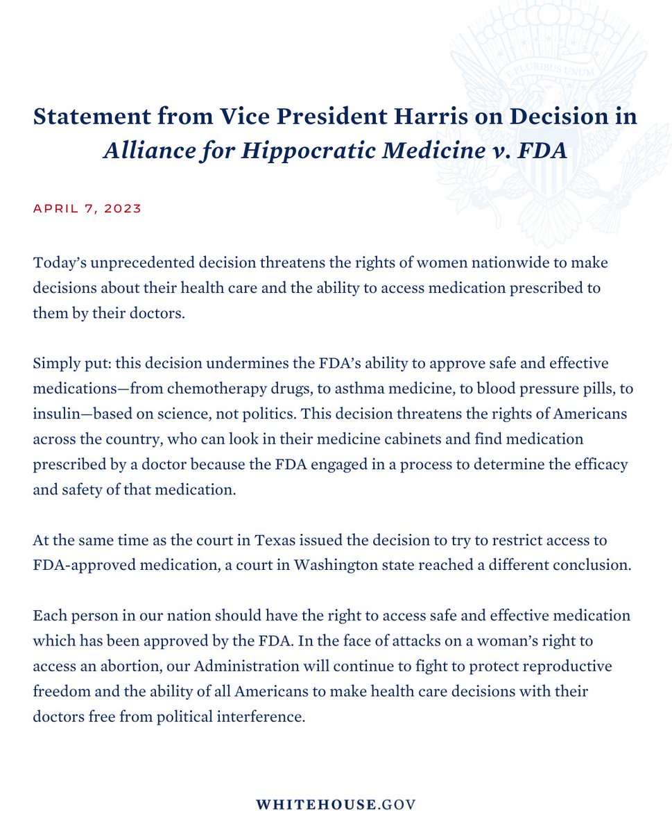 Everyone should have the right to access safe and effective medication that has been approved by the FDA. 

Today's unprecedented decision by a federal district court in Texas threatens this right.
 
Read my full statement.