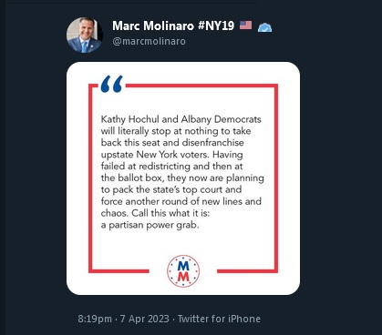 Indivisible19NY's tweet photo. Hey Molinaro, will you criticize your party's radical gerrymandering of WI, TN, FL, TX, AR, NC, OH, LA?

Only ONE party in the House strives to end gerrymandering nationwide: Democrats.

Your GOP wants to preserve it.

Molinaro reeks of hypocrisy.

#VoteBLUE #NY19 #NoMo https://t.co/c9kVzw0RhJ