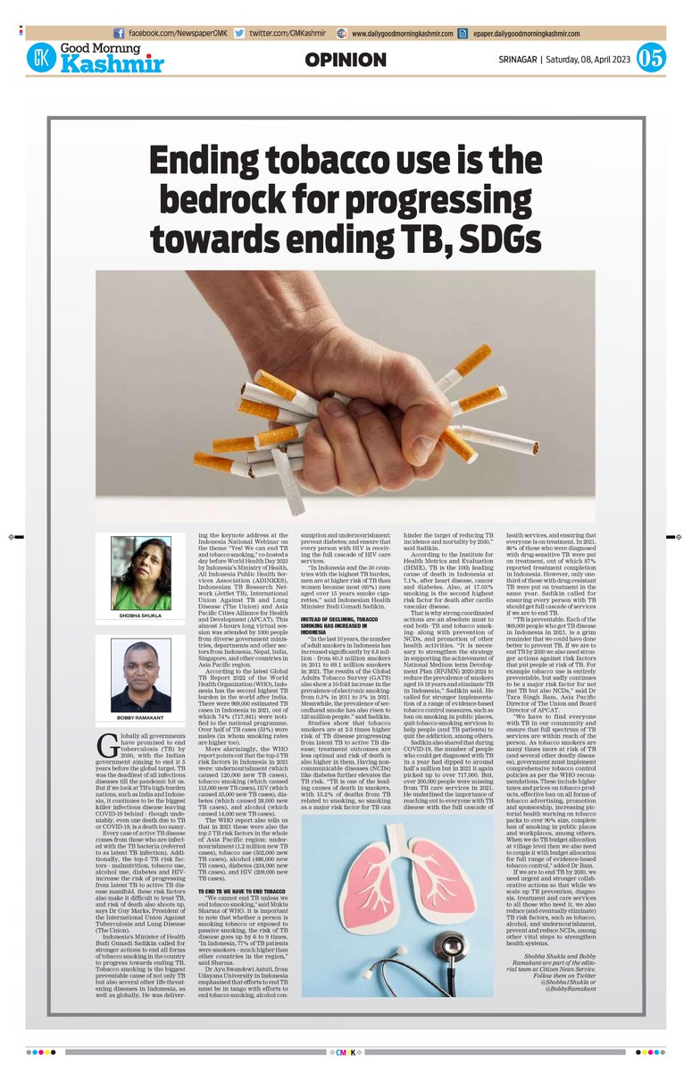 #PublishedToday @BudiGsadikin Health Minister Indonesia @kemenkesRI, @TheUnion_TBLH's @MarksGuy1 & @Bam_Tara & others call for stronger actions to #EndTobacco to #endTB & deliver on #SDGs 🔶 Daily GM Kashmir, India epaper.dailygoodmorningkashmir.com/epaper/edition… 🔶 CNS citizen-news.org/2023/04/ending… #NCDs