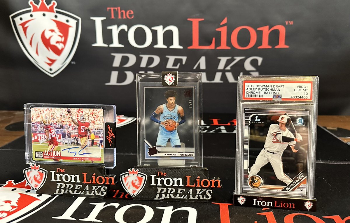 Ironlioncollect's tweet photo. We are giving away ALL 3 of these beauties!

🥇-Ja Morant Rookie /49
🥈-Trey Lance Auto
🥉-Adley Rutschmann 1st Bowman PSA 10

1) RT this tweet
2) Comment your favorite MLB player 
3) Must be following @ironlioncollect 
4) We will randomize on April 12th! Good luck IL Family!🦁🔥 https://t.co/tTYf7Kbd43