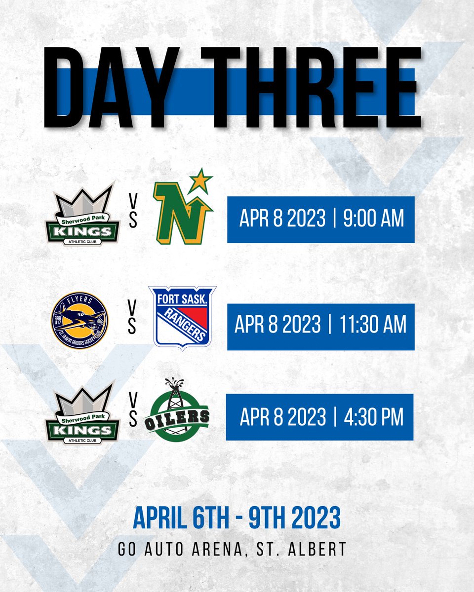 U17AAA Hockey Provincials (@u17_aaa) on Twitter photo Schedule for Day Three of <a href="/HockeyAlberta/">Hockey Alberta</a> U17AAA Provincials presented by <a href="/atbfinancial/">atbfinancial</a>
Watch Live <a href="/MyHockeyTV/">HockeyTV</a>
📍Go Auto Arena Located @ Servus Credit Union Place, St. Albert
#HAProvincials #ATBProvincials #U17AAAProvincials #DayTwo Schedule for Day Three of <a href="/HockeyAlberta/">Hockey Alberta</a> U17AAA Provincials presented by <a href="/atbfinancial/">atbfinancial</a>
Watch Live <a href="/MyHockeyTV/">HockeyTV</a>
📍Go Auto Arena Located @ Servus Credit Union Place, St. Albert
#HAProvincials #ATBProvincials #U17AAAProvincials #DayTwo