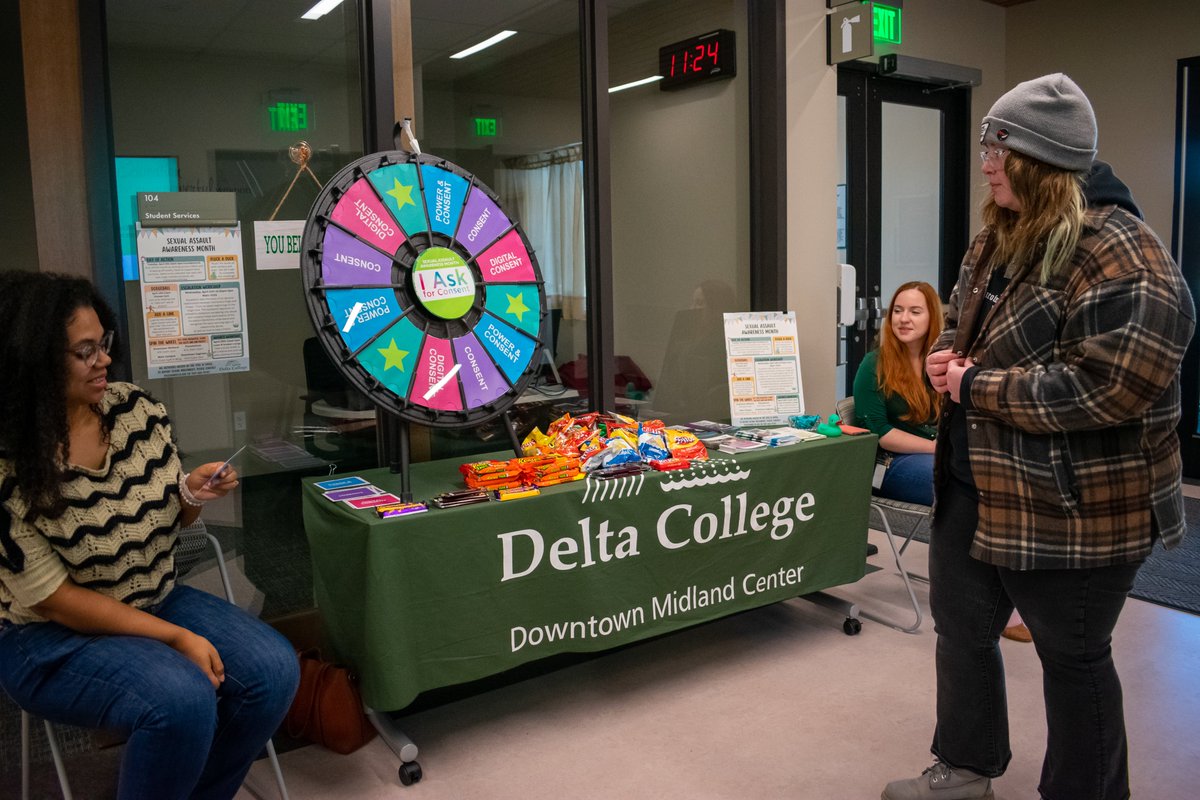DeltaCollegiate's tweet photo. The Delta College Downtown Midland Center hosted a Sexual Assault Awareness Month Spin the Wheel. Their goal was to help others learn how to prevent sexual assault on campus. https://t.co/GWj479qmVO