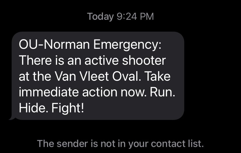 briOKC's tweet photo. Just got this emergency alert from OU https://t.co/4fTYtFRhkm